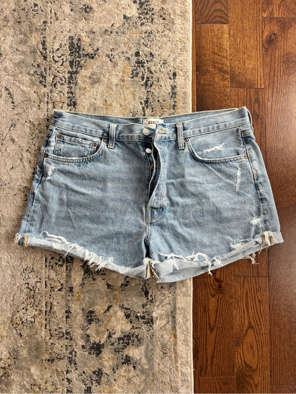 AGOLDE Parker Long Light Blue Distressed Denim Shorts